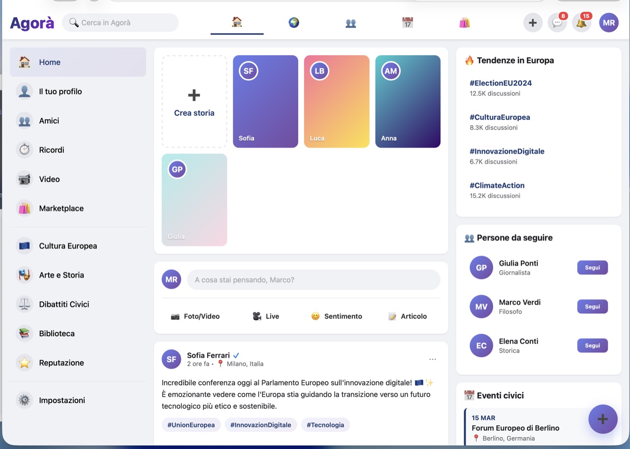 Interfaccia di Agorà: feed, tendenze in Europa e persone da seguire